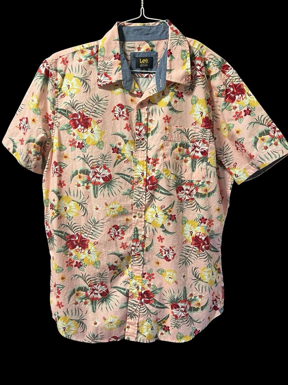 Lee Men's Short Sleeve Floral Theme Print Sport Shirt w/Pkt Pale Pink Size L